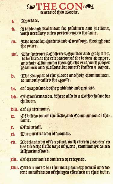 Original Table of Contents, 1549 Book of Common Prayer