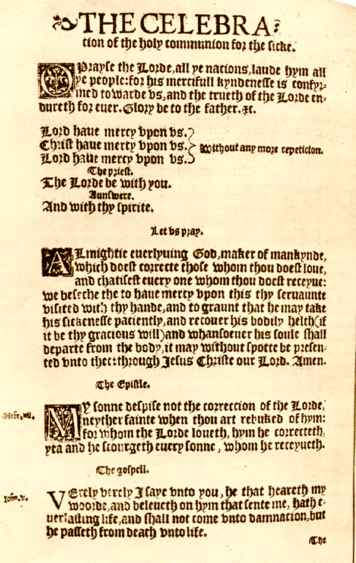 Beginning page of the service for the Communion of the Sick, from the original 1549 Book of Common Prayer